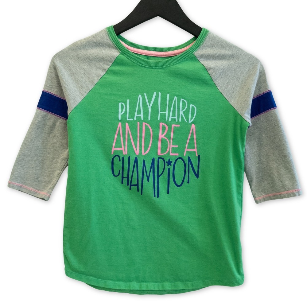 Cat & Jack Graphic Tee Girls L Green Gray Raglan Sporty Shirt Colorful Top